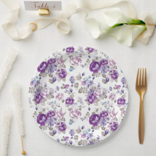 Purple Roses Lavender Floral Garden Party Wedding Paper Plates