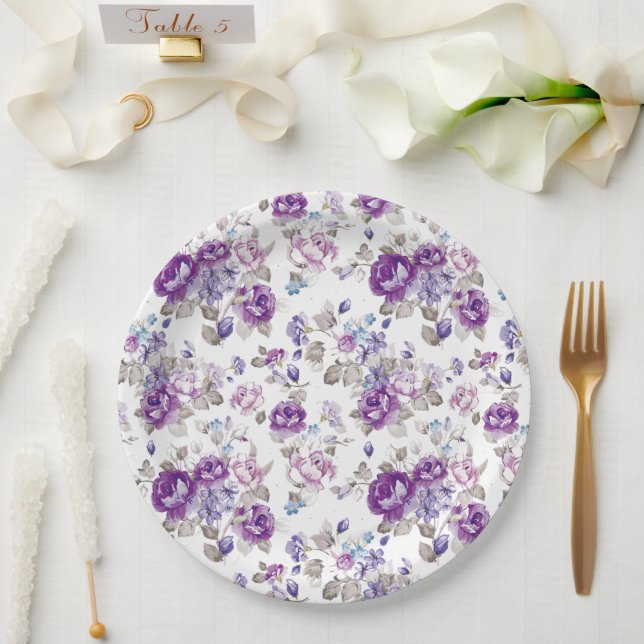 Purple Roses Lavender Floral Garden Party Wedding Paper Plates (Wedding)