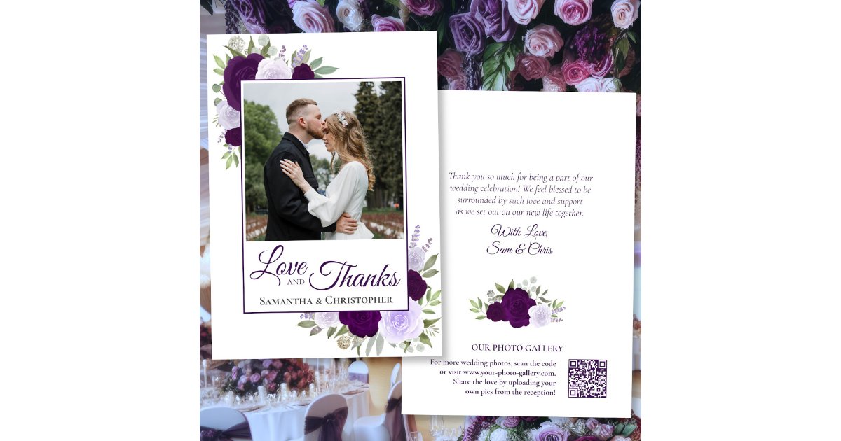 Purple Roses Love & Thanks Photo QR Code Wedding Thank You Card | Zazzle