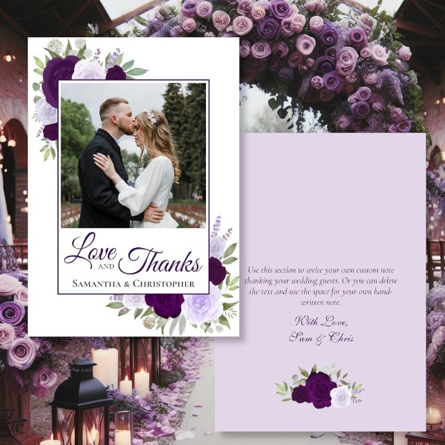Purple Roses Love & Thanks Photo Writable Wedding Thank You Card (Front/Back)