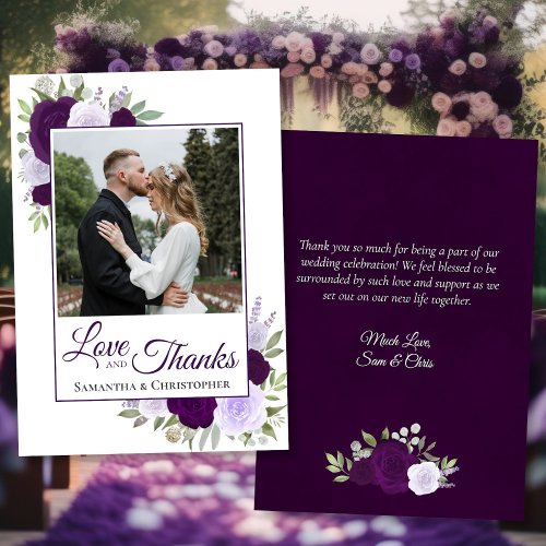 Purple Roses Love  Thanks with Note Photo Wedding Thank You Card