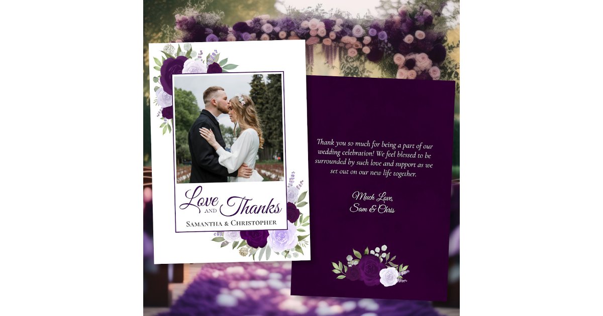Purple Roses Love & Thanks with Note Photo Wedding Thank You Card | Zazzle