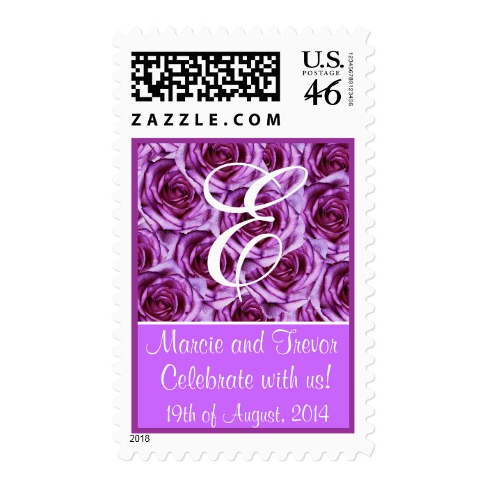 Purple Roses Monogram Wedding Stamp Letter E