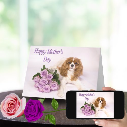 Purple Roses Mothers Day Card Cavalier King Dog
