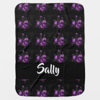 Purple roses on black baby blanket