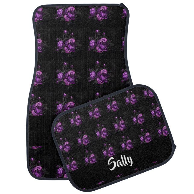 Purple roses on black car floor mat (Set)