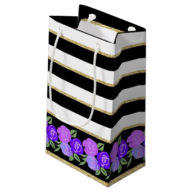 Purple Roses on Black, White, Gold Gift Bag (Back Angled)