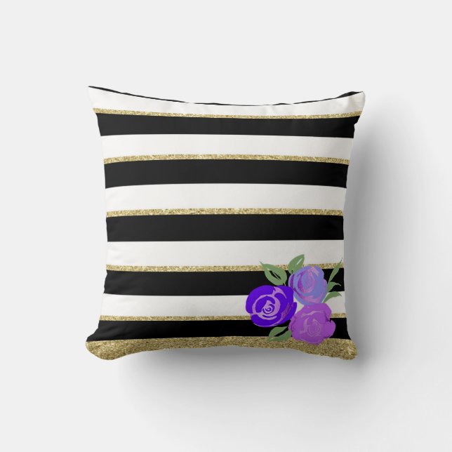 Purple Roses on Black, White, Gold Stripes Cushion (Front)