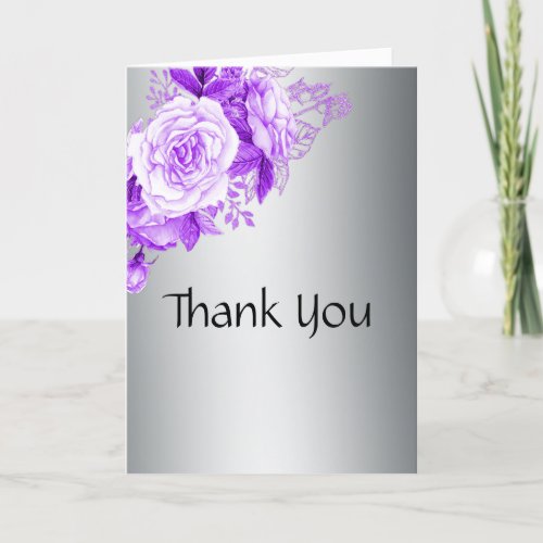 Purple Roses on Metallic Silver Wedding  Thank You Card