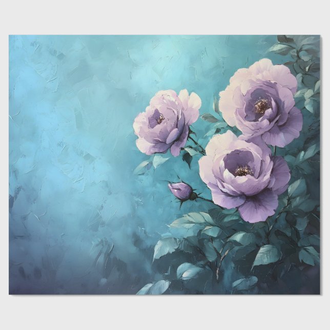 Purple Roses on Teal Decoupage Wrapping Paper (Flat)