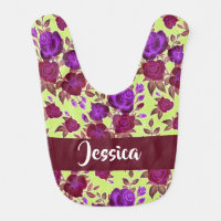 Purple roses on yellow baby bib