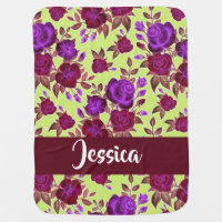 Purple roses on yellow baby blanket