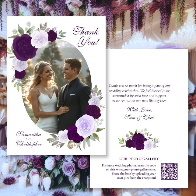 Purple Roses Oval Photo QR Code Elegant Wedding Thank You Card (Front/Back)