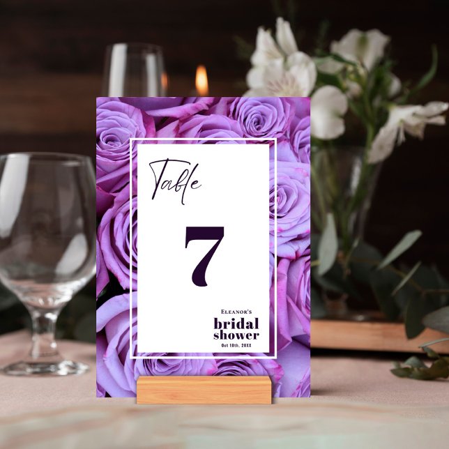 Purple Roses Photo Bridal Shower Table Number Card (Creator Uploaded)