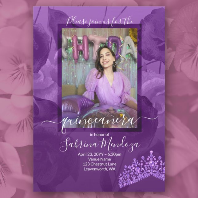 Purple Roses Quinceanera Photo Invitation (lavender, lilac purple quinceanera, purple gemstone tiara purple birthstone mis quince 15th 15 anos)