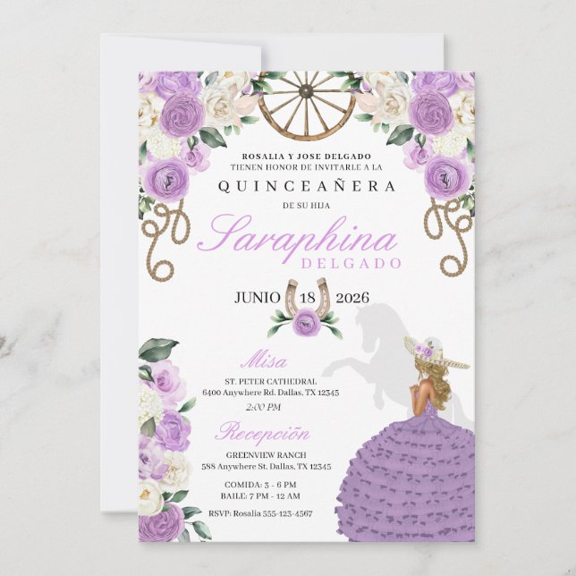 Purple Roses & Ropes Western Charro Quinceañera Invitation (Front)