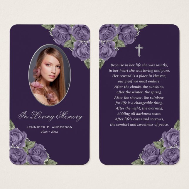 Purple Roses Silver Cross Funeral Prayer Card (Front & Back)