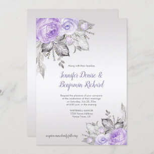 Purple Roses Silver Leaves - Silver - Wedding Invitation