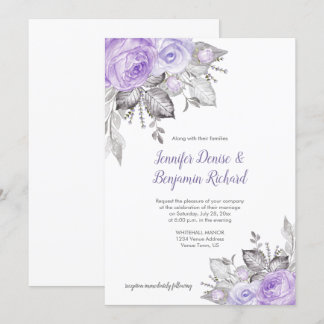 Purple Roses Silver Leaves - White - Wedding | Invitation