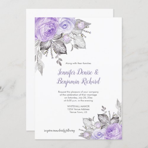 Purple Roses Silver Leaves _ White _ Wedding  Invitation