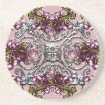 Purple Roses Silver Medallion Vintage Sandstone Coaster by Pretty_Vintage at Zazzle