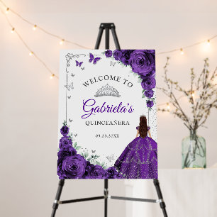 Purple Roses Silver Quinceanera Welcome Foam Board