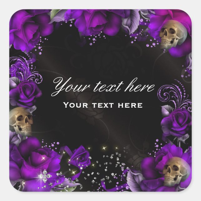 Purple Roses + Skulls Gothic Sticker Label (Front)