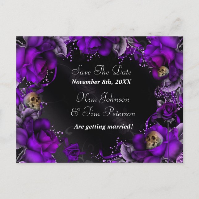 Purple Roses + Skulls Gothic Wedding Postcard (Front)