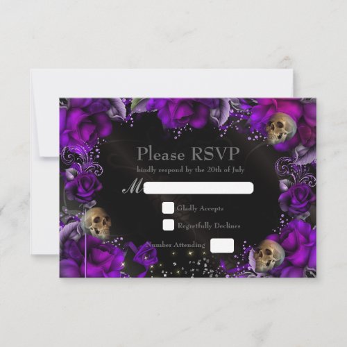 Purple Roses  Skulls Gothic Wedding RSVP Card