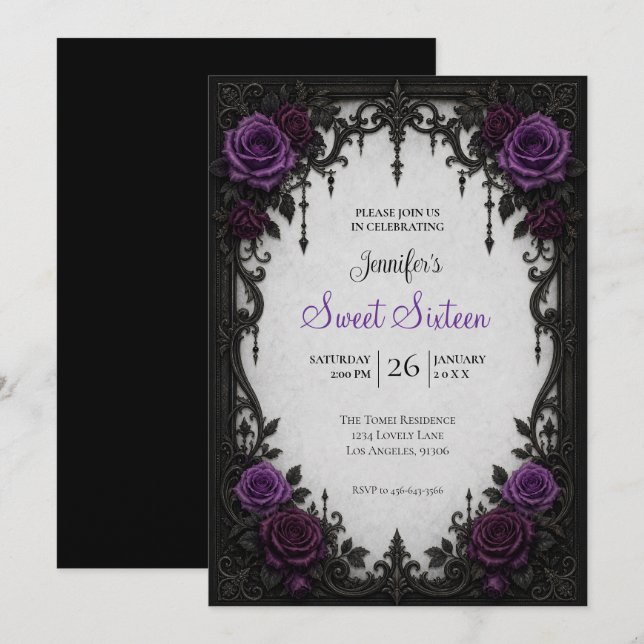 Purple Roses Sweet 16 Birthdy Invitation (Front/Back)