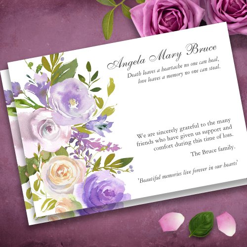 Purple Roses Sympathy Funeral Thank You Card