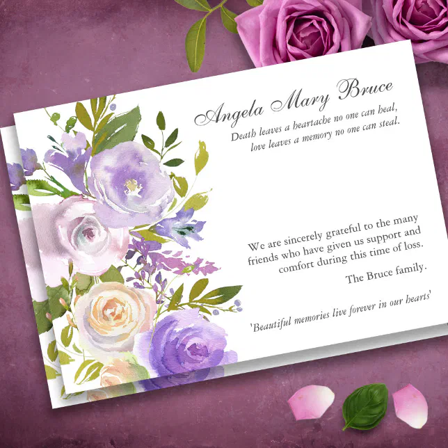 Purple Roses Sympathy Funeral Thank You Card | Zazzle