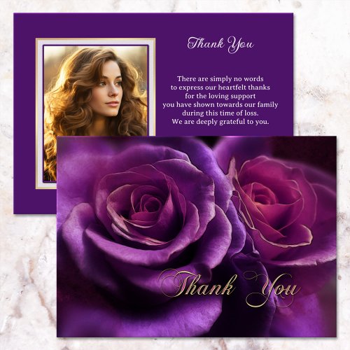 Purple Roses Sympathy Memorial Photo Thank You Card