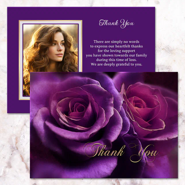 Purple Roses Sympathy Memorial Photo Thank You Card | Zazzle