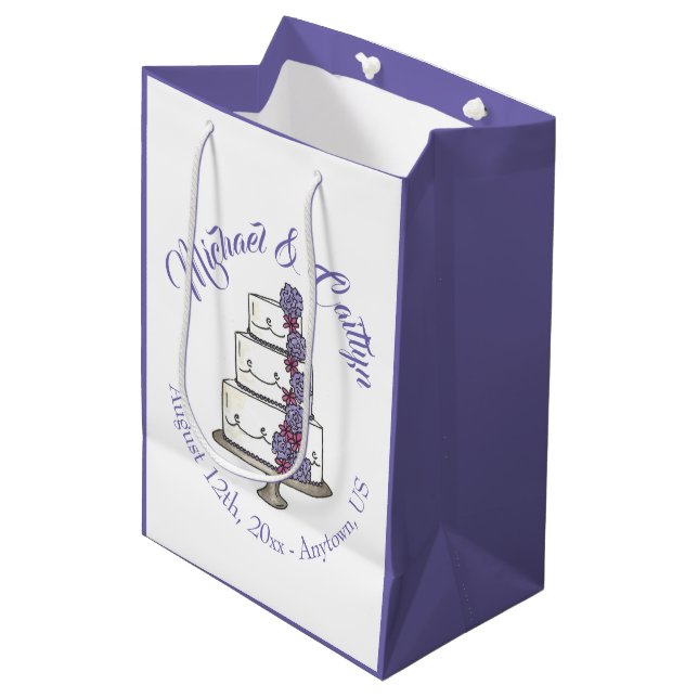 Purple Roses Tiered Floral Wedding Cake Favor Medium Gift Bag (Front Angled)
