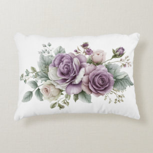 Purple Roses Watercolor Florals Greenery Elegant Accent Pillow