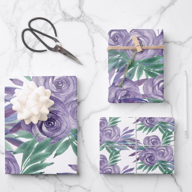 Purple Roses Watercolor Hand-painted Wrapping Paper Sheets (Front)