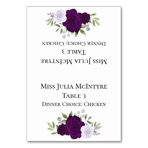 Purple Roses Wedding DIY Fold Place Card wMeal