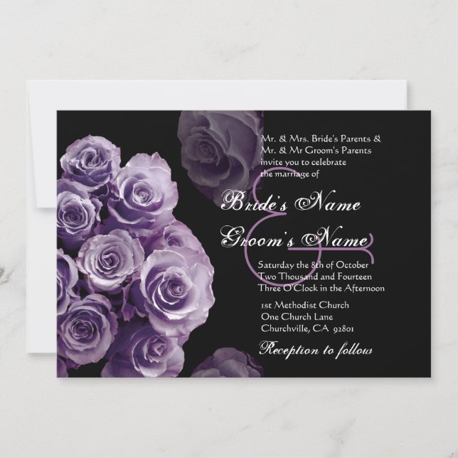 Purple Roses Wedding Invitation Metallic (Front)