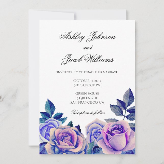 Purple roses wedding invitation. Watercolor floral Invitation (Front)