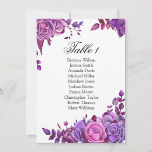 Purple roses wedding seating chart. Table plan Invitation