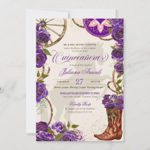 Purple Roses Western Boots Charro Quinceanera Invitation