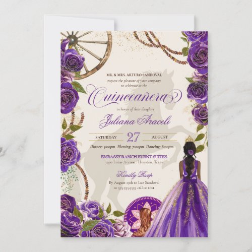 Purple Roses Western Ranch Charro Quinceanera Invi Invitation