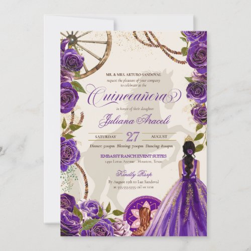 Purple Roses Western Ranch Charro Quinceanera Invitation