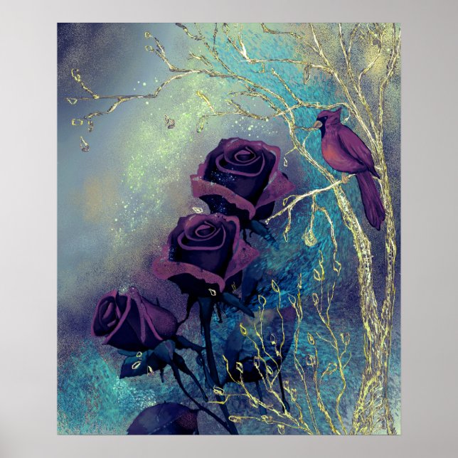 Purple roses with bird on a silvver Tree Poster (Front)