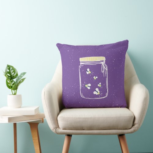 Purple Rough Sketch Fireflies in Mason Jar Throw Pillow
