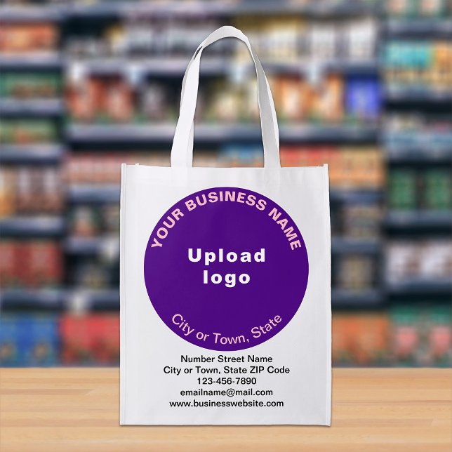 Purple Round Business Brand on Single-Sided Print Grocery Bag (Purple round business branding on reusable grocery bag.)