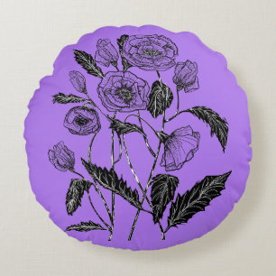 Purple Round Pillow Poppy Flowers - Custom Colors