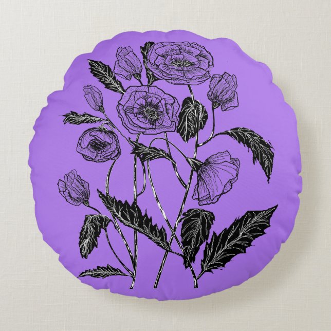 Purple Round Pillow Poppy Flowers - Custom Colors (Front)