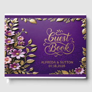 Purple Royal and gold metallic elegant floral Guest Book